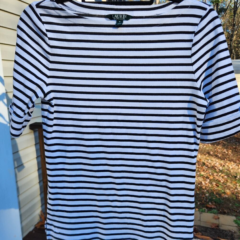 LRL Ralph Lauren Woman's Medium Striped Boat Neck Tee White Black Cuffed Sleeve